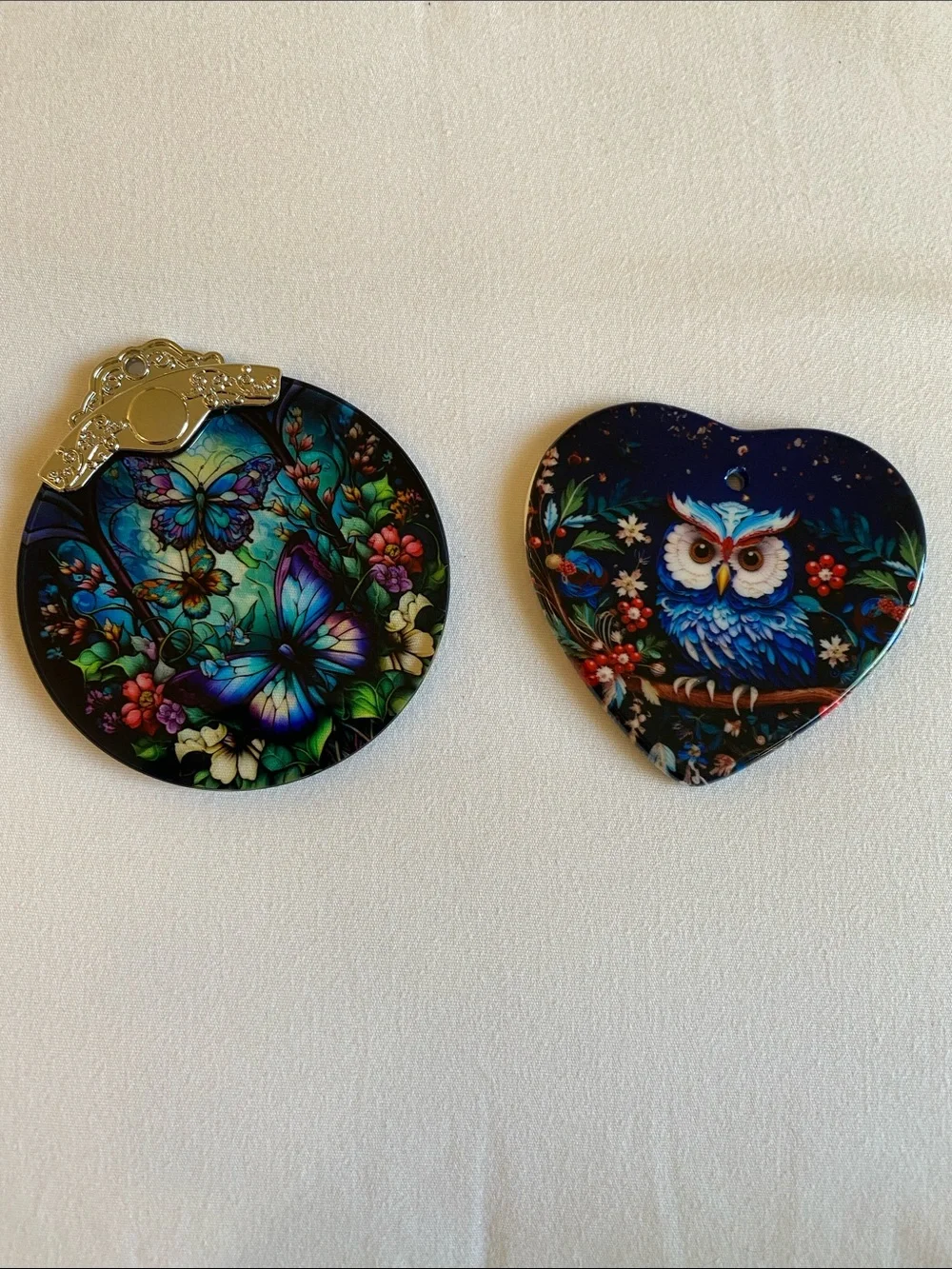 Colorful Heart Blue Owl Ornament and Stained Glass Butterfly Ornament Pair